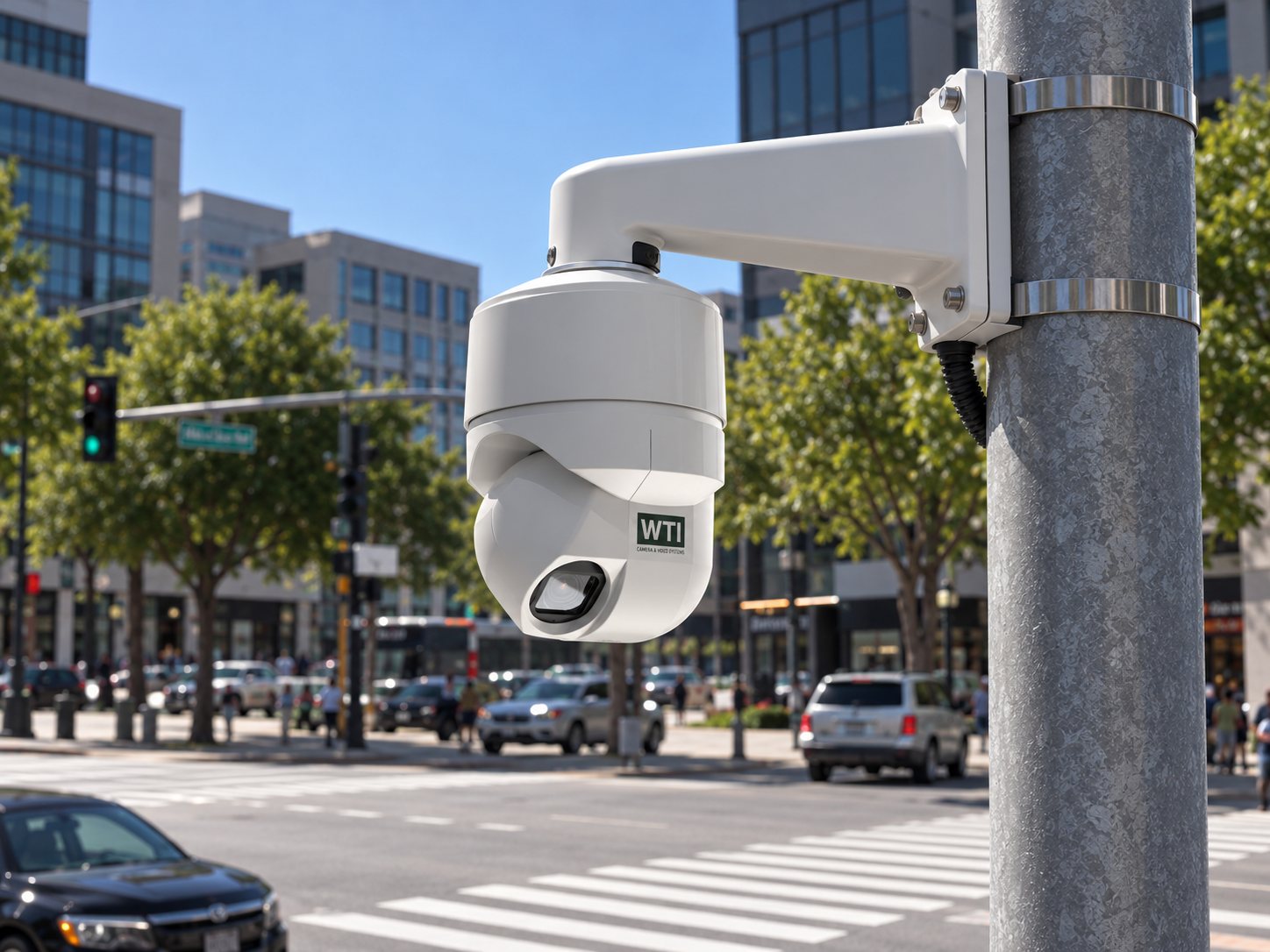 Rendering of the WTI rugged PTZ dome camera prototype mounted on a pole arm at an intersection