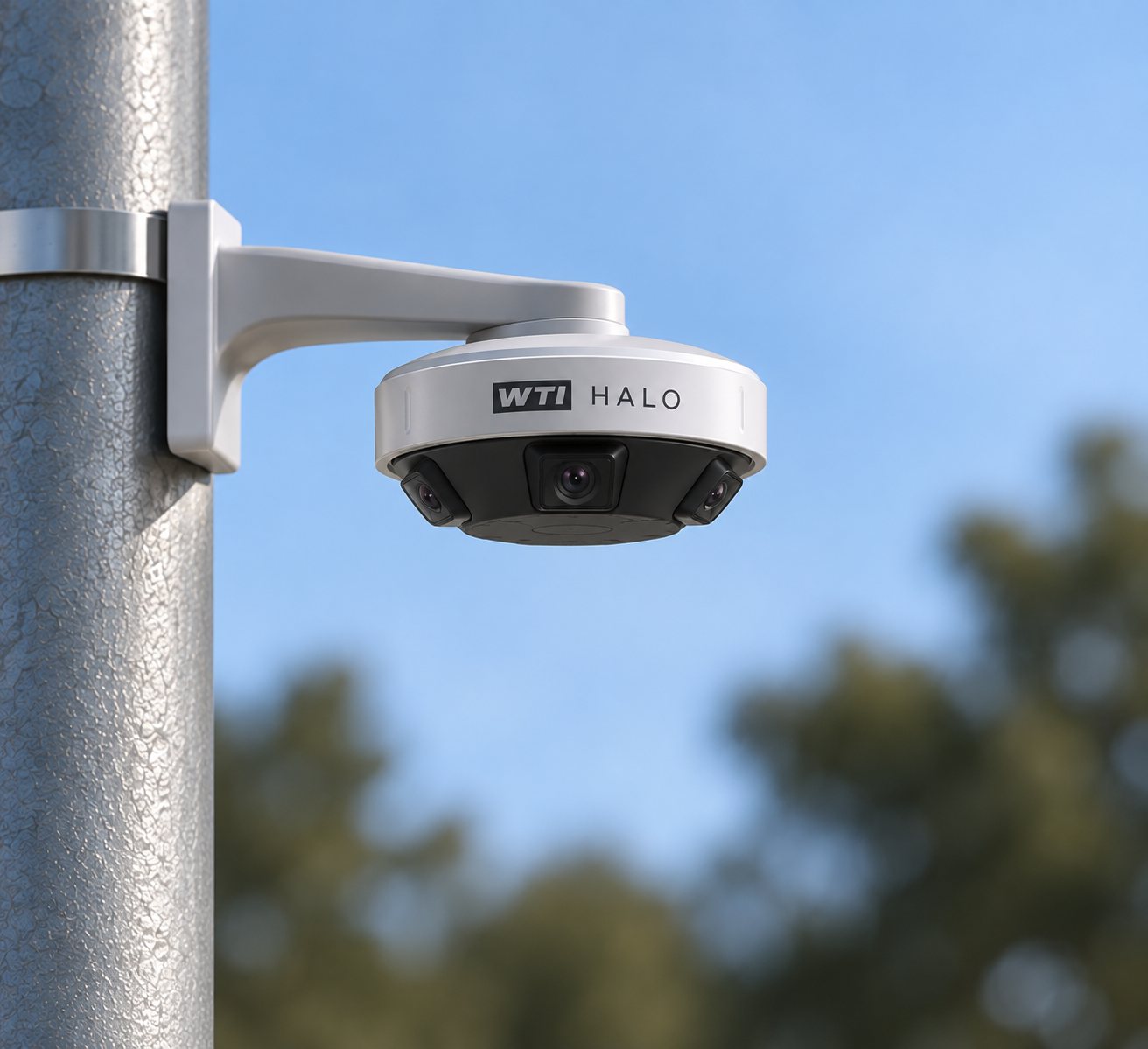 Rendering of the WTI 360 quad-view camera prototype mounted on a pole arm at an intersection